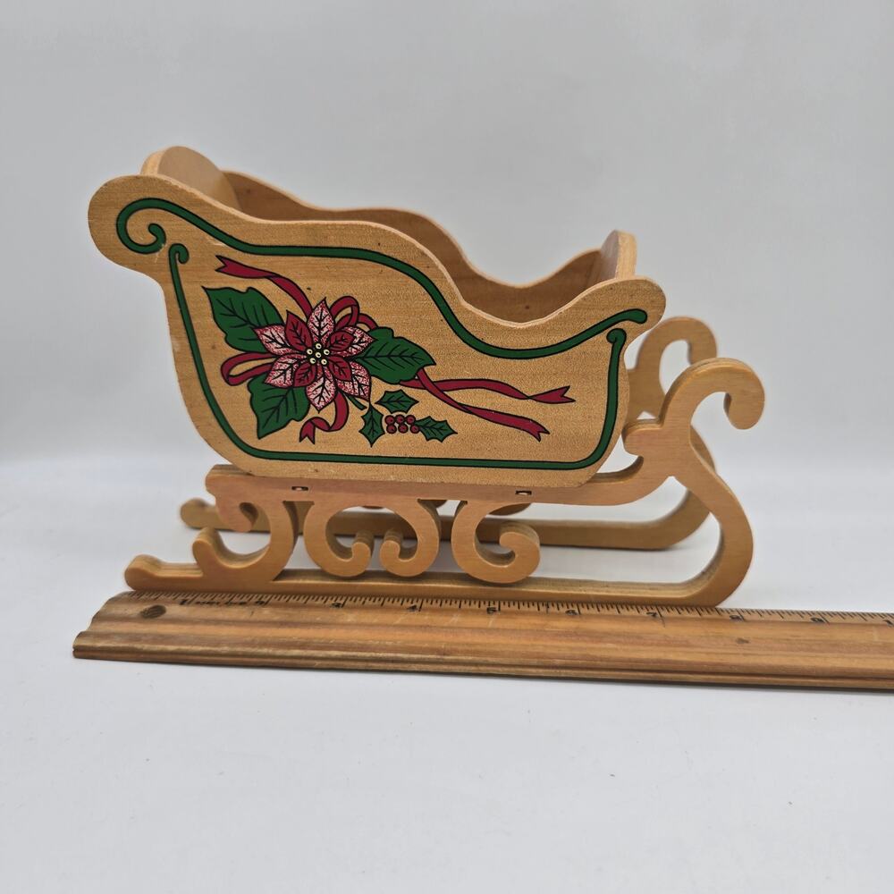 Vintage Natural Trim Wooden Christmas Holiday Decorative Sleigh Centerpiece